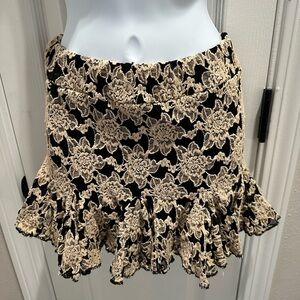 Black and Cream Floral Lace Ruffle Mini Skirt